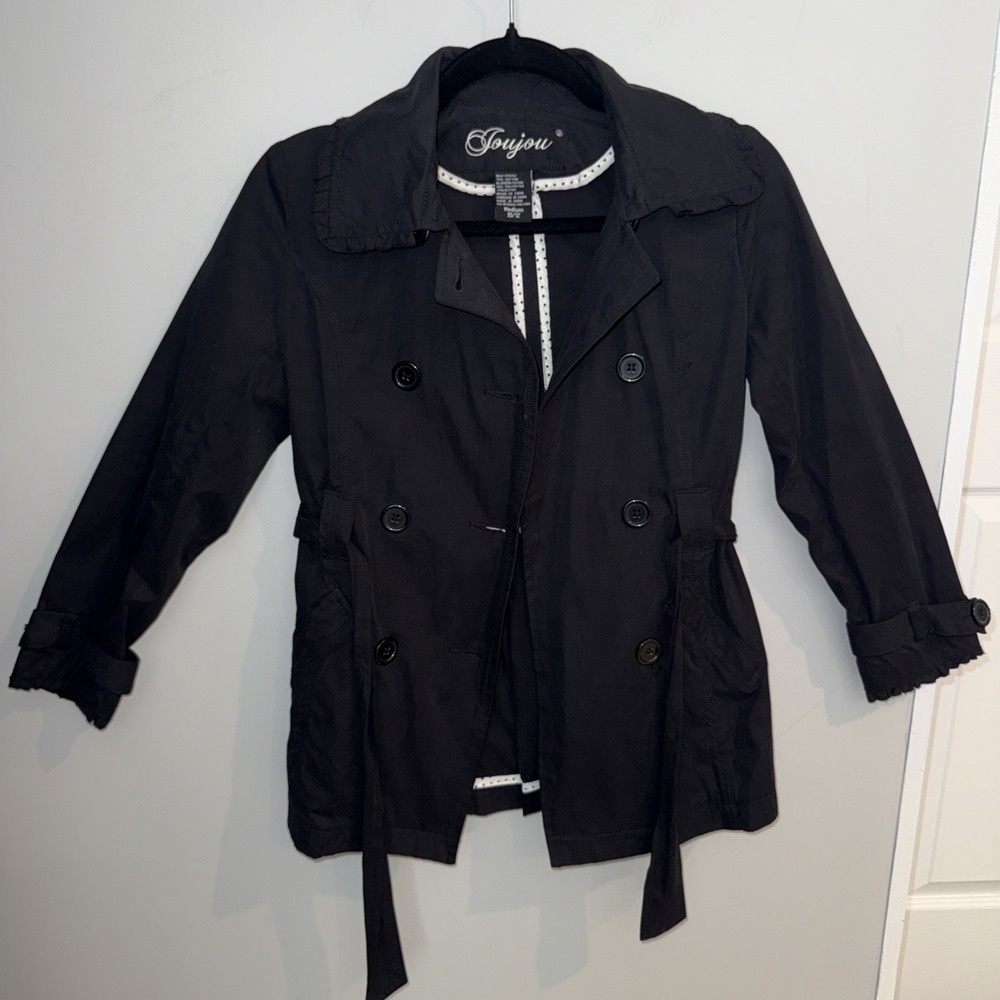 JouJou Jacket Girls Sz 10 12 Black Double Breasted‎ Peacoat Cotton Spring Ruffle